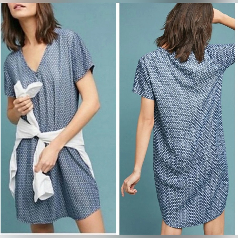 Anthropologie Cloth & Stone‎ Blue Justine Star Print Tencel Shift Dress Size XS